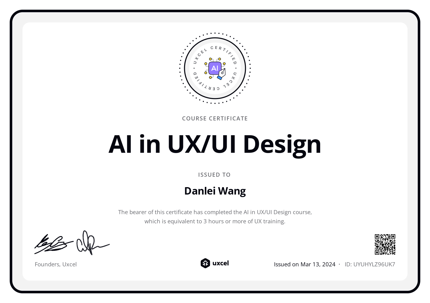 Danlei Wang's certificate